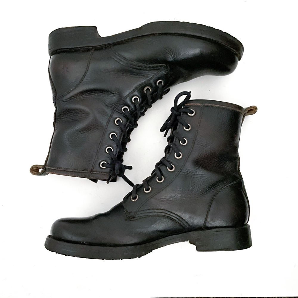 Frye Veronica Black Leather Lace Up Combat Boots - Picture 7 of 10
